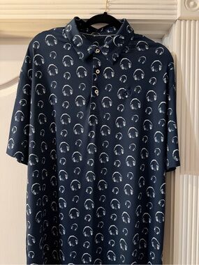 Swing Juice- Men's Navy Short-Sleeve Polo with White Headphone Print